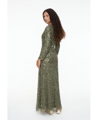Women's Modest Embellished Sequin Beaded Maxi Dress