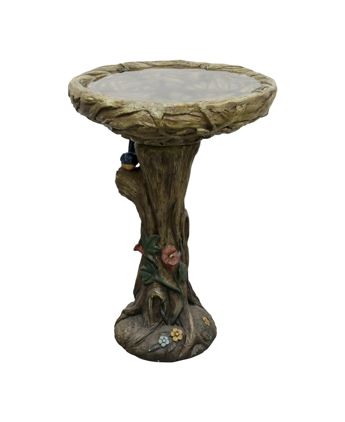 SunJet 25.5 Inch Heigh Wood-Look Concrete Bird Bath with Decorative Faux Bird – birdbath Rustic & Long-Lasting Design, Enhances Garden