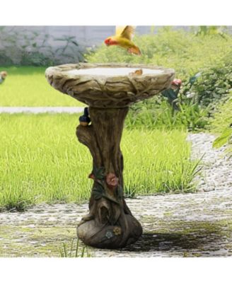 25.5 Inch Heigh Wood-Look Concrete Bird Bath with Decorative Faux Bird – birdbath Rustic & Long-Lasting Design, Enhances Garden