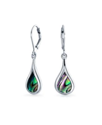 Geometric Iridescent Rainbow Natural Abalone Seashell Rain Drop Teardrop Dangle Earrings Sterling Silver Lever Back