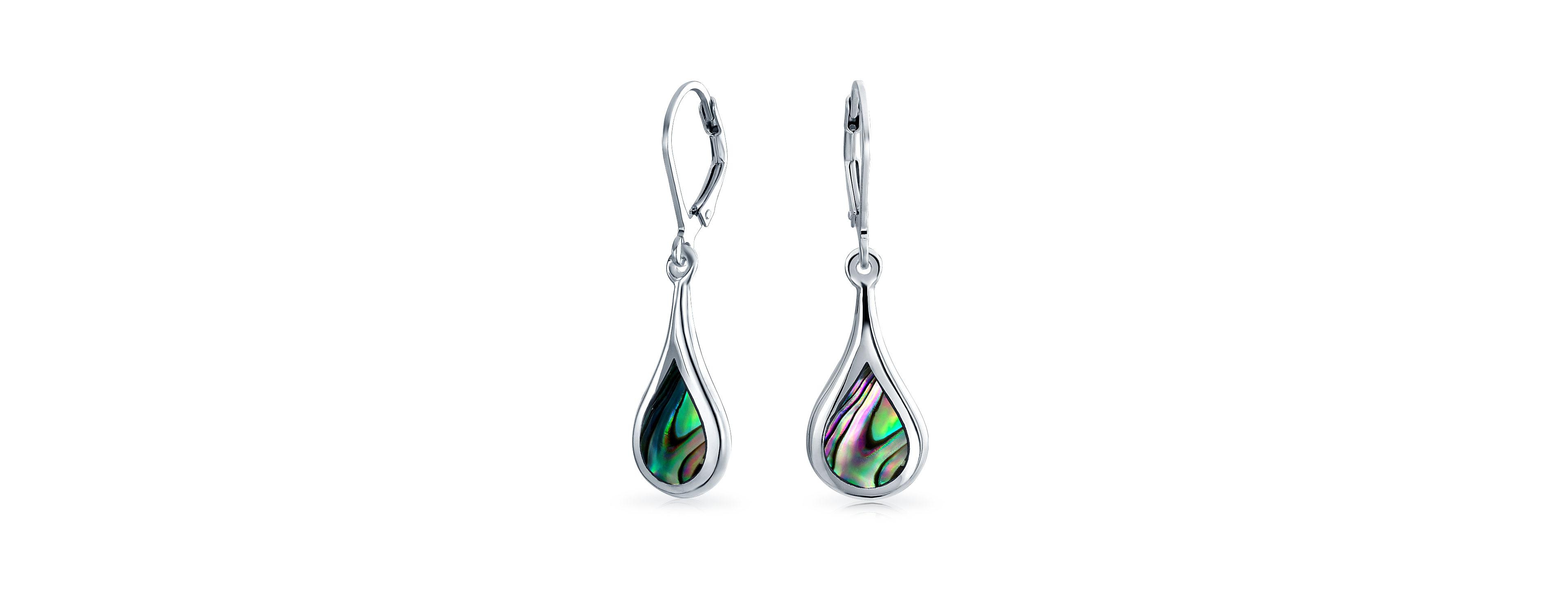 Bling Jewelry Iridescent Abalone Seashell Rain Drop Teardrop Dangle Earrings .925 Sterling Silver Lever Back
