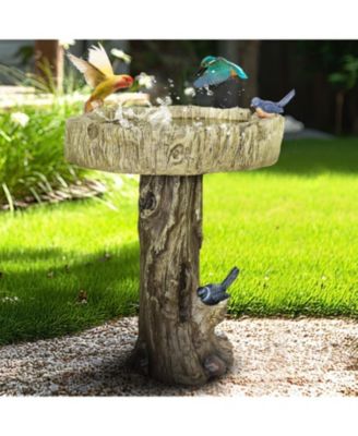 24.4" Wood-Look Concrete Bird Bath with faux bird, rustic and durable design for garden decor.