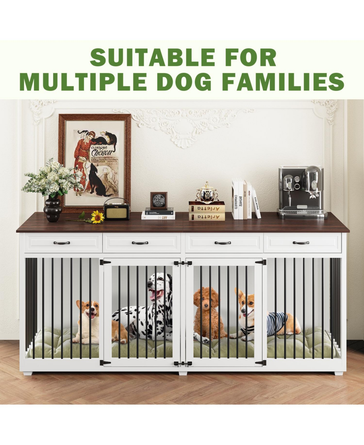Homsee Dog Kennel Furniture with 4-Drawers and Dividers, Dog Cage Crates