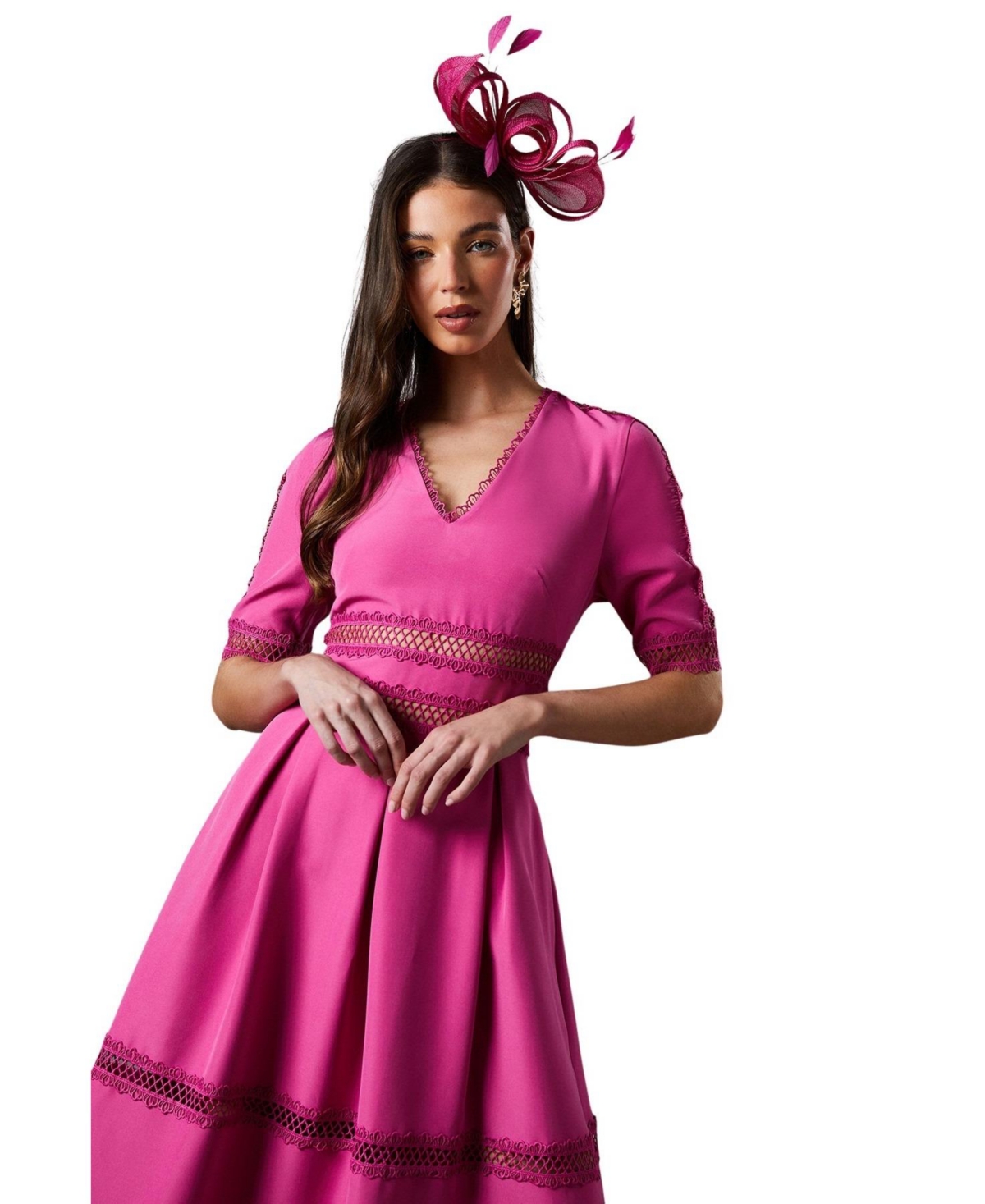 Coast Women's Crochet Insert Crepe V Neck Midi Dress