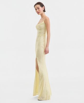 Juniors' Beaded V-Neck Lace-Up-Back Gown 