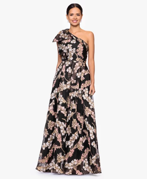 Petite One Shoulder Floral Print Long Dress - Black/rose Gold