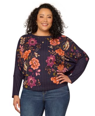 Plus Size Print Placement Detail Long-Sleeve Sweater