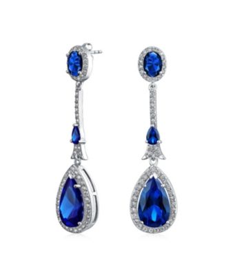 Set of 2 Art Deco Cubic Zirconia Halo Long Pear Solitaire Teardrop Blue & Green CZ Statement Dangle Chandelier Earrings