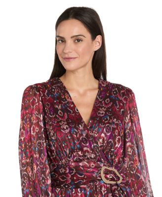 Women's Long-Sleeve Mock Surplus Wrap Printed Dress