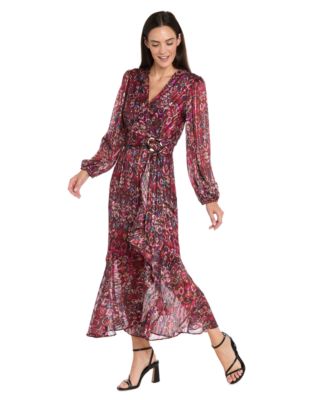 Women's Long-Sleeve Mock Surplus Wrap Printed Dress