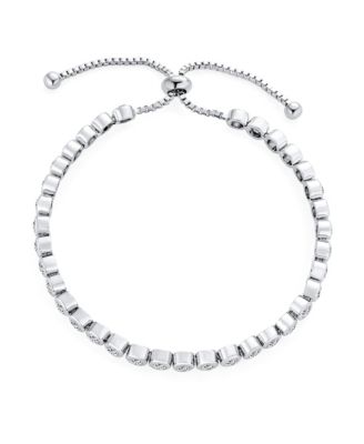 Adjustable Round Bezel Cubic Zirconia Tennis Bolo Bracelet & 7mm Solitaire CZ Stud Earrings Jewelry Set