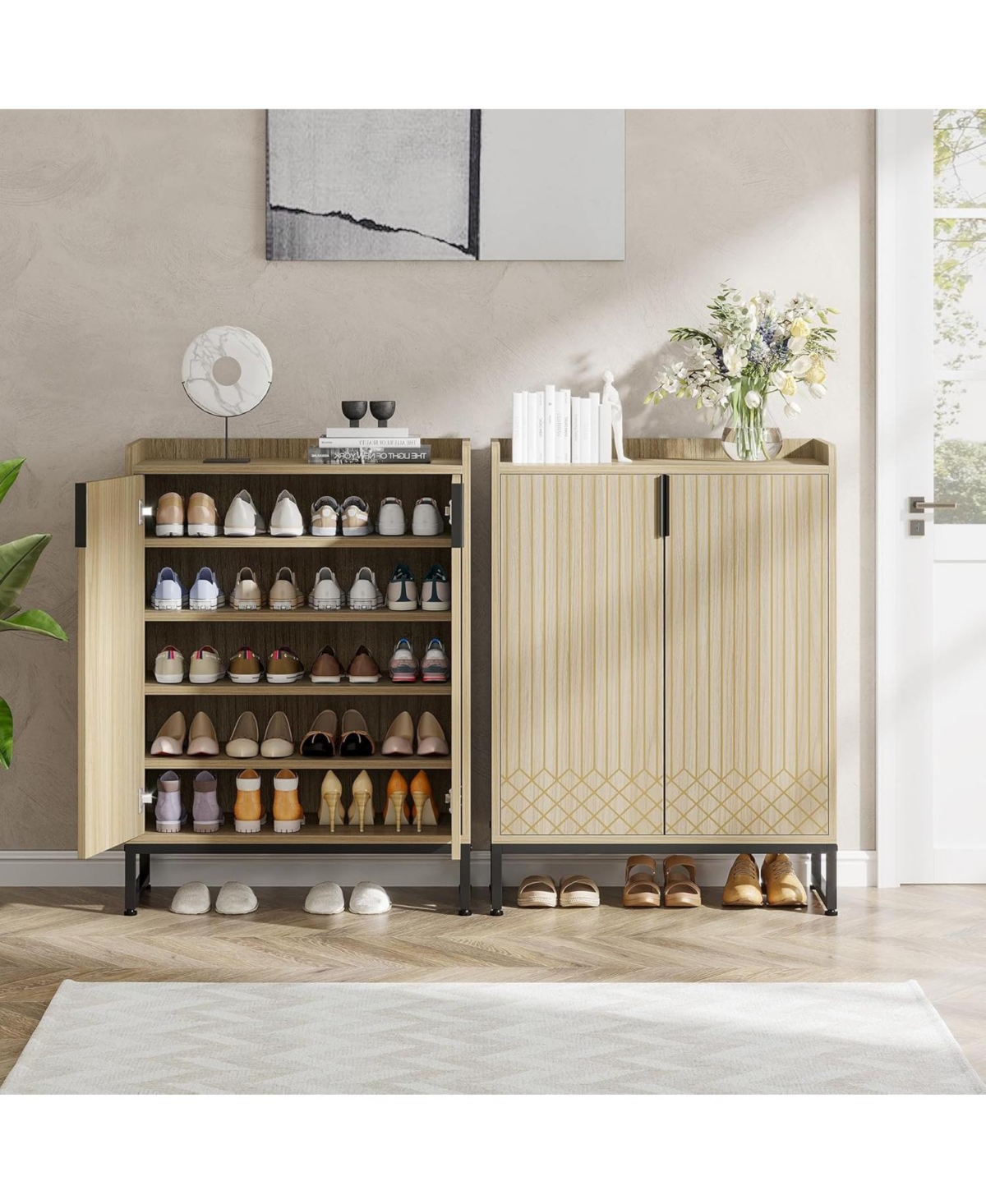 Tribesigns Shoe Cabinet with Doors,Natural 5 Tiers Shoe Storage Cabinet for Entryway, 25 Pairs Wooden Shoe Rack Cabinet