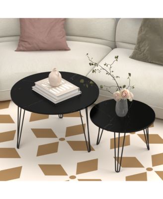 27.56 Inch Round Nesting Coffee Table Set of 2 with Marble Tabletop and Metal Base