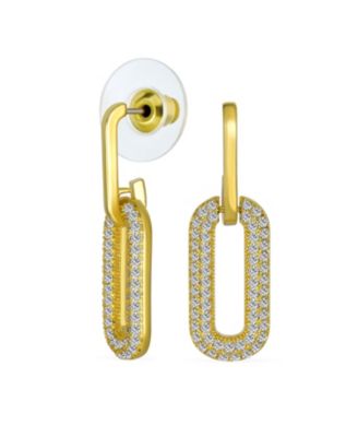 Modern Set of 2 Geometric Vertical U Rectangle Micro Pave CZ Dangling Chain Link Paperclip Earrings Gold Plated