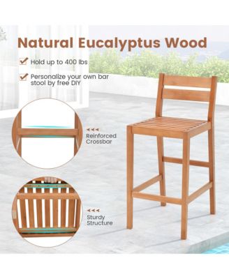 Patio Eucalyptus Wood Bar Stools Set of 4 Outdoor Bar Height Patio Chairs w/ Cushions