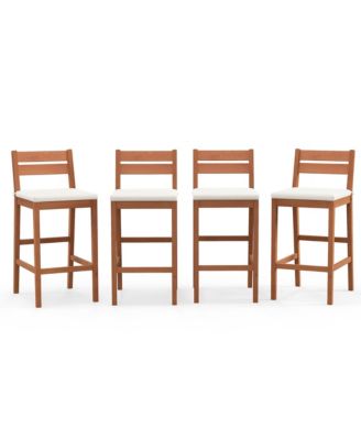 Patio Eucalyptus Wood Bar Stools Set of 4 Outdoor Bar Height Patio Chairs w/ Cushions