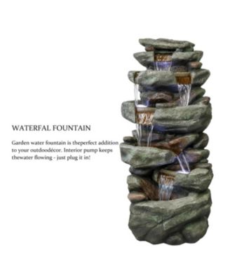 40.5” High Rocks Outdoor Water Fountain - 6-Tiers Cascading Waterfall with LED Lights, Soothing Tranquility for Home Garden, Yard Decor