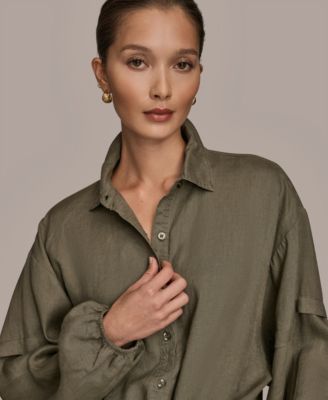 Women's Long Blouson Sleeve Button Adjustable Tie Shirt