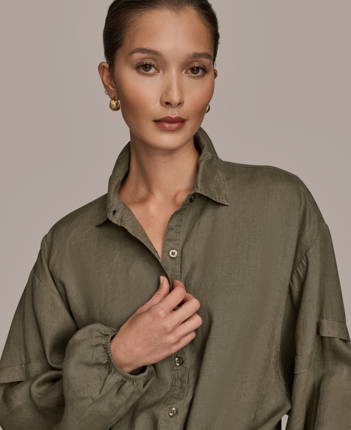 Donna Karan Weekend Women's Long Blouson Sleeve Button Adjustable Tie Shirt