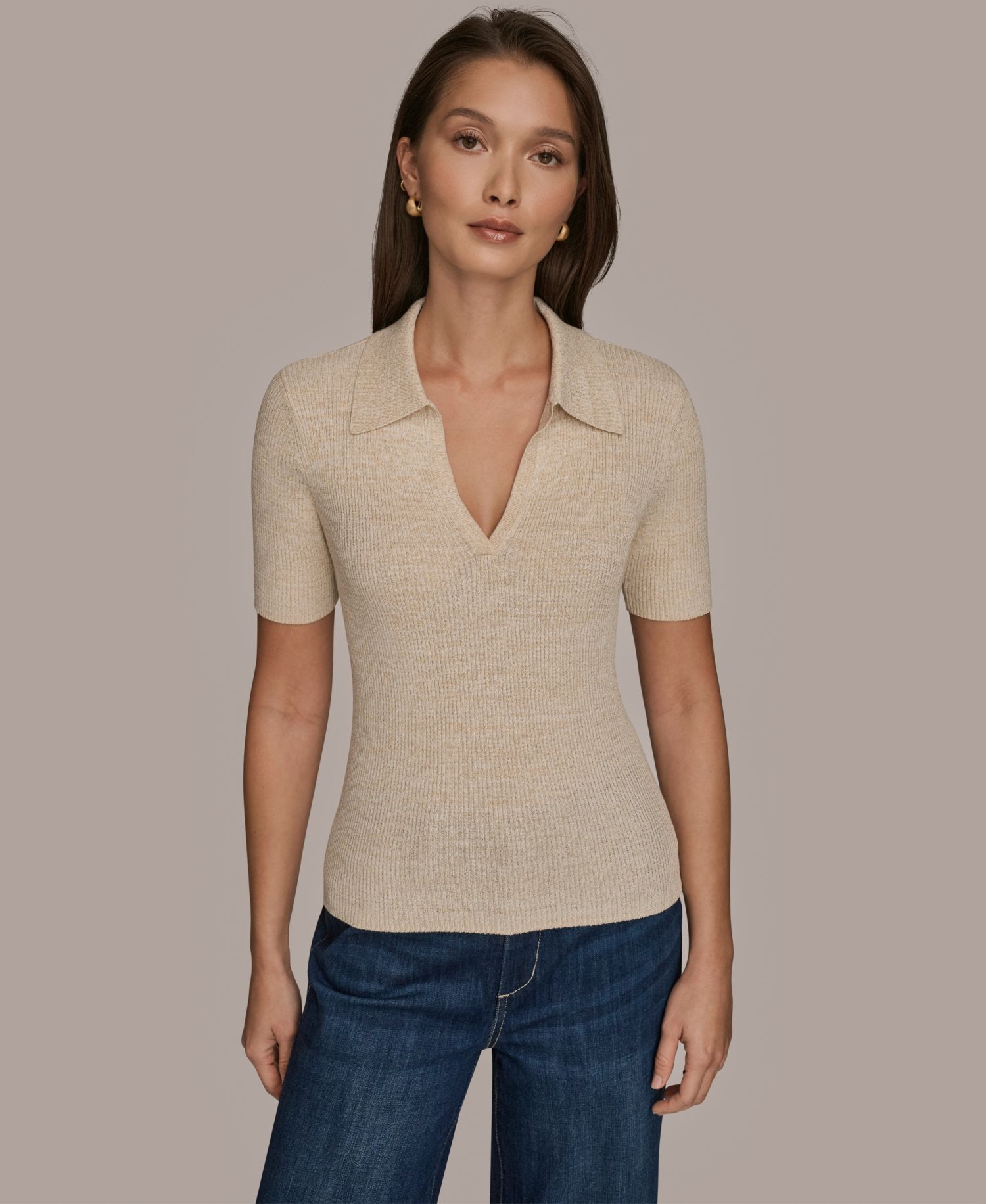 Women's Cotton Rib Elbow Sleeve Polo Sweater