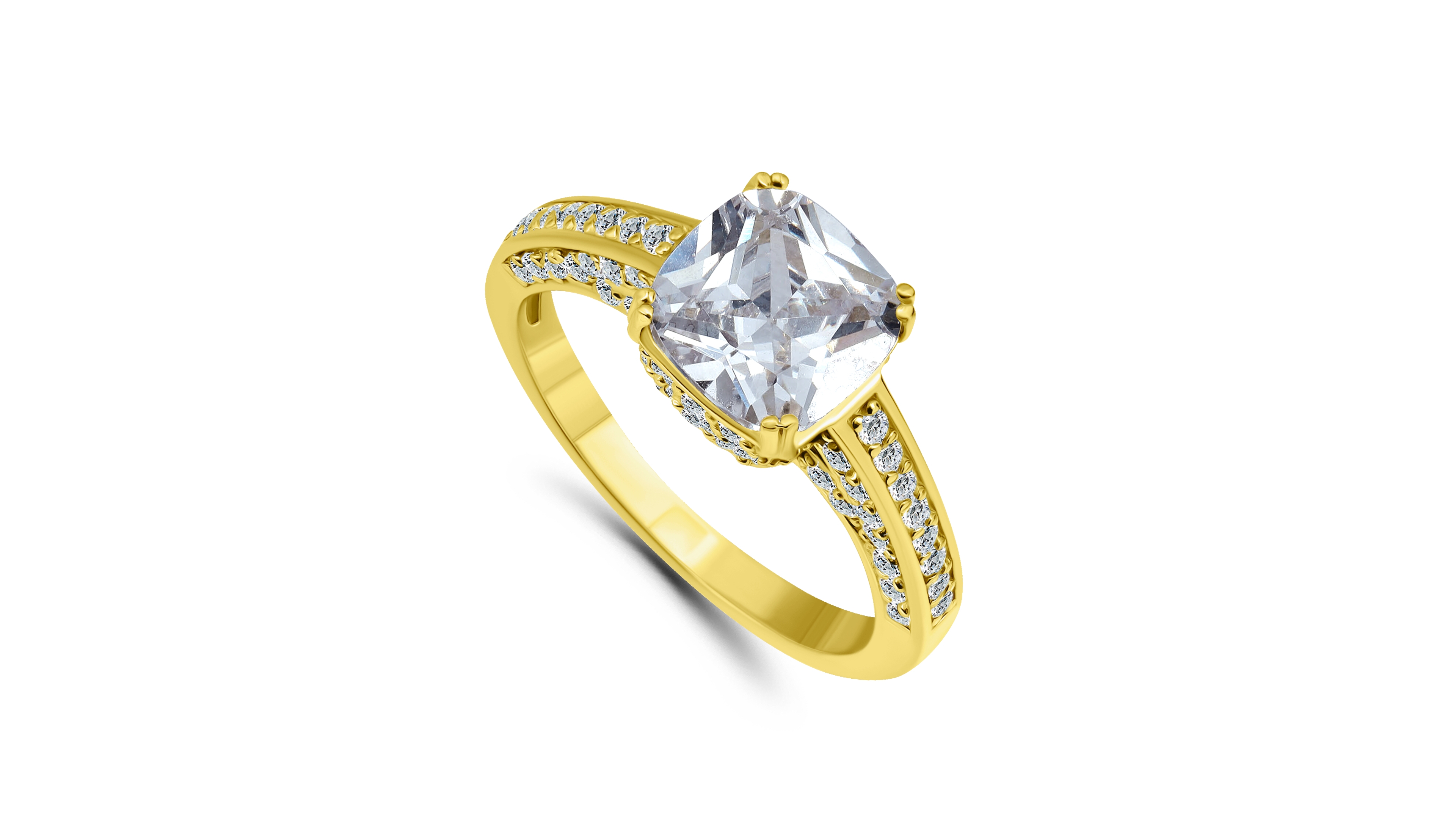 Cubic Zirconia Cushion Stone Ring with Fancy Pave Gallery Silver Plate
