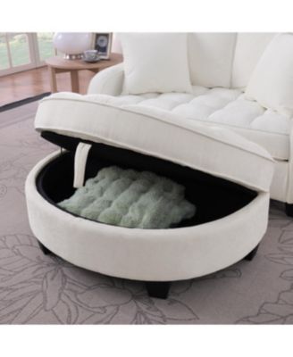 Beige two-seater sofa with chaise, storage footrest, and throw pillows