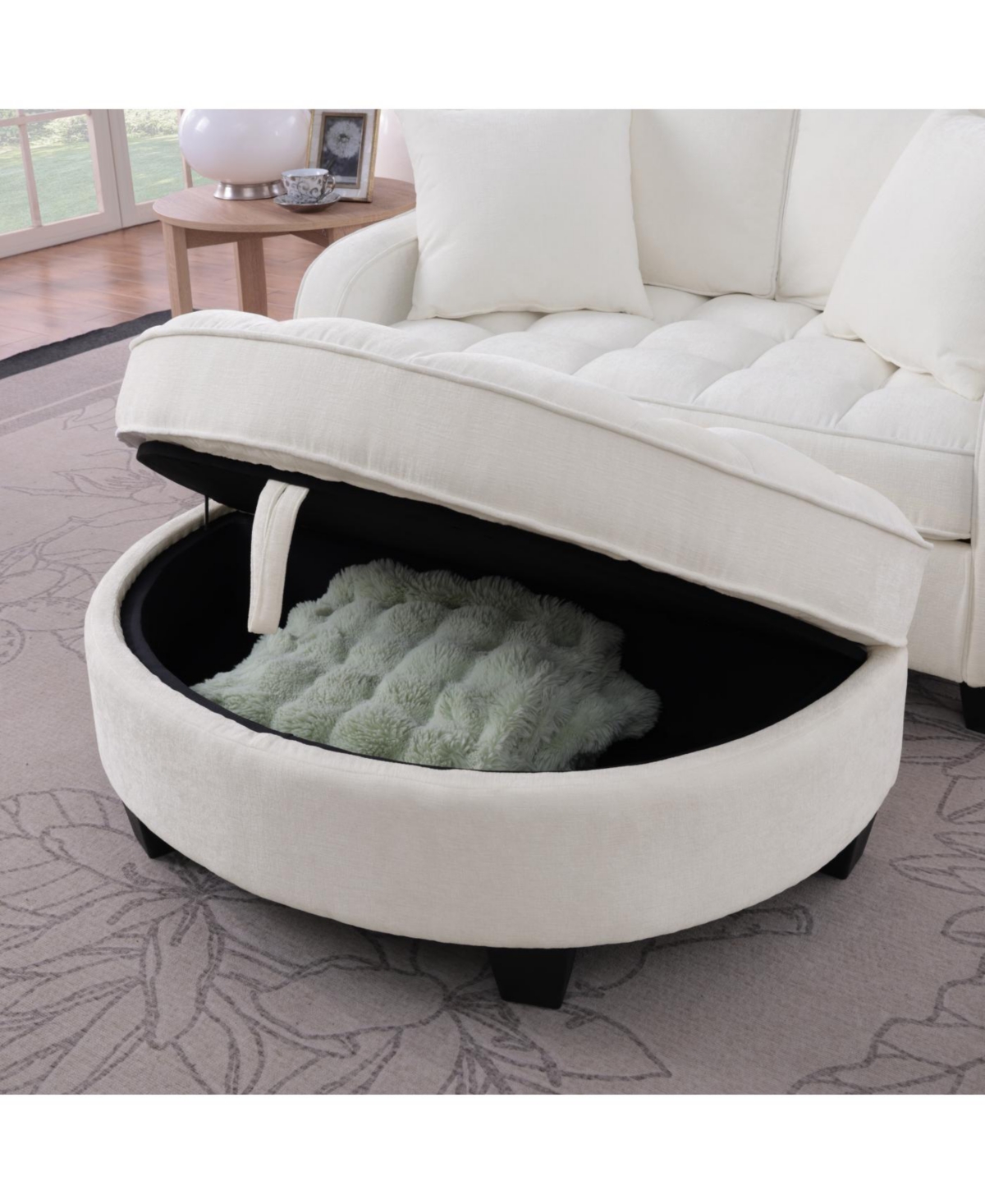 Streamdale Furniture Beige two-seater sofa with chaise, storage footrest, and throw pillows