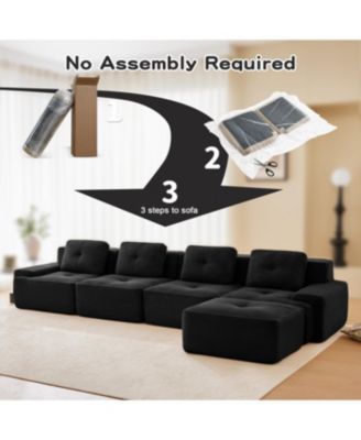  Modern L-Shaped Corduroy Sectional Sofa with Movable Ottoman - Black