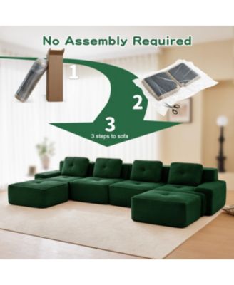  Modern U-Shaped Corduroy Sectional Sofa, 4-Seater Couch with Ottomans, Green