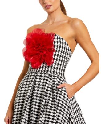 Women's Strapless Boucle A Line Midi Dress With 3D Flower