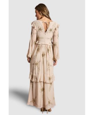 Women's V Neck Embellished Tiered Midi Dress