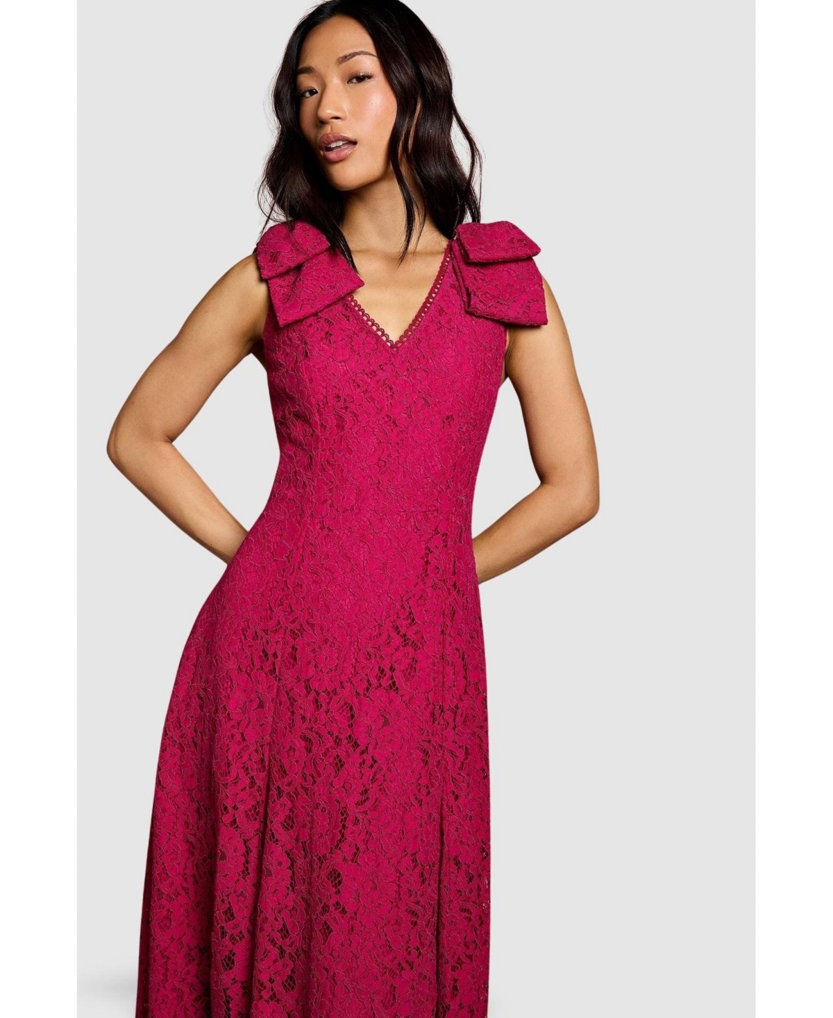 Coast Women's Bow Shoulder V Neck Lace Midi Dress