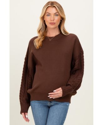 Maternity Brown Cable Knit Sleeve Round Neck Sweater