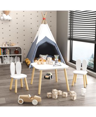 CASAINC 3-Piece Rabbit Themed Kids Table and Chair Set with Solid Wood Legs in White