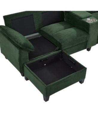  Modern U-shaped Corduroy Sofa with Storage, Cup Holders & USB Ports