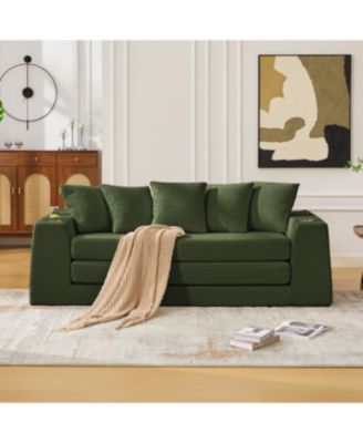 Corduroy Convertible Sofa Bed Loveseat Sleeper with 5 Pillows, Green