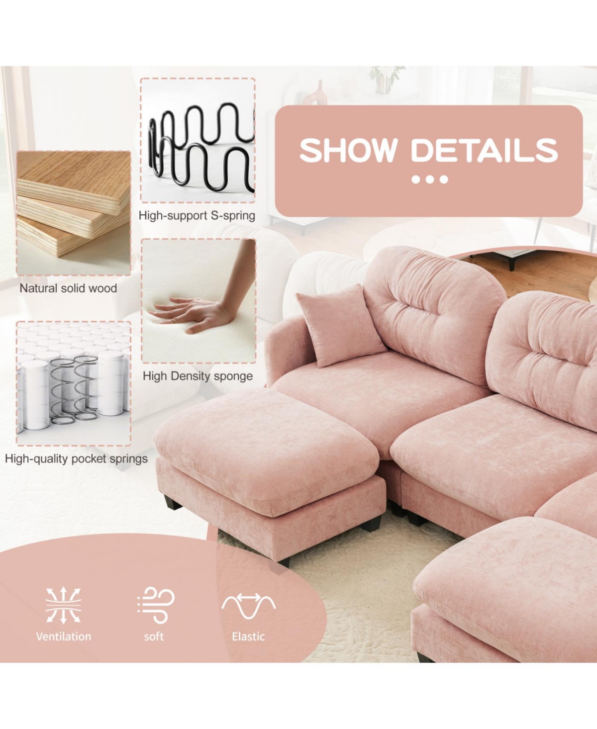 Streamdale Furniture Pink Cloud Sectional L-Shaped Couch with Ottoman
