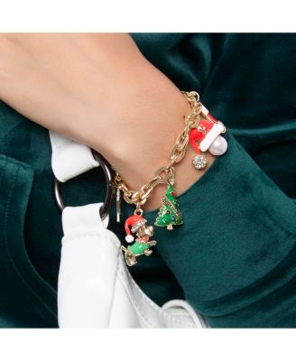 Holiday Charm Bracelet, Gold Tone Enamel Christmas Motifs