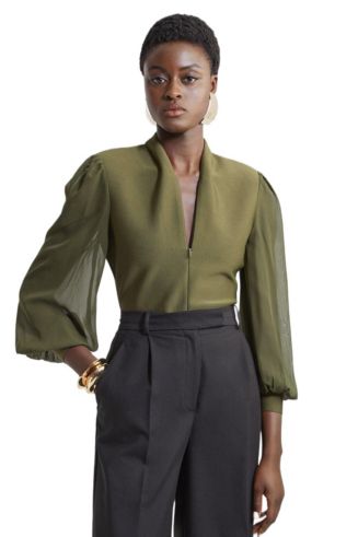 Karen Millen Women's Zip Detail Chiffon Sleeve Knit Top - Macy's