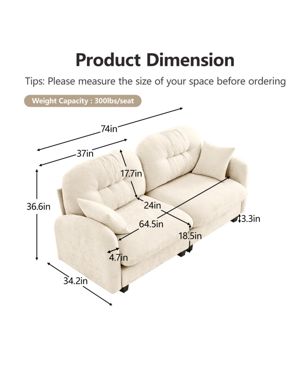 Streamdale Furniture Streamdale Loveseat Cloud Chenille Sectional Couch, Tufted, Ergonomic, Easy Install, Beige