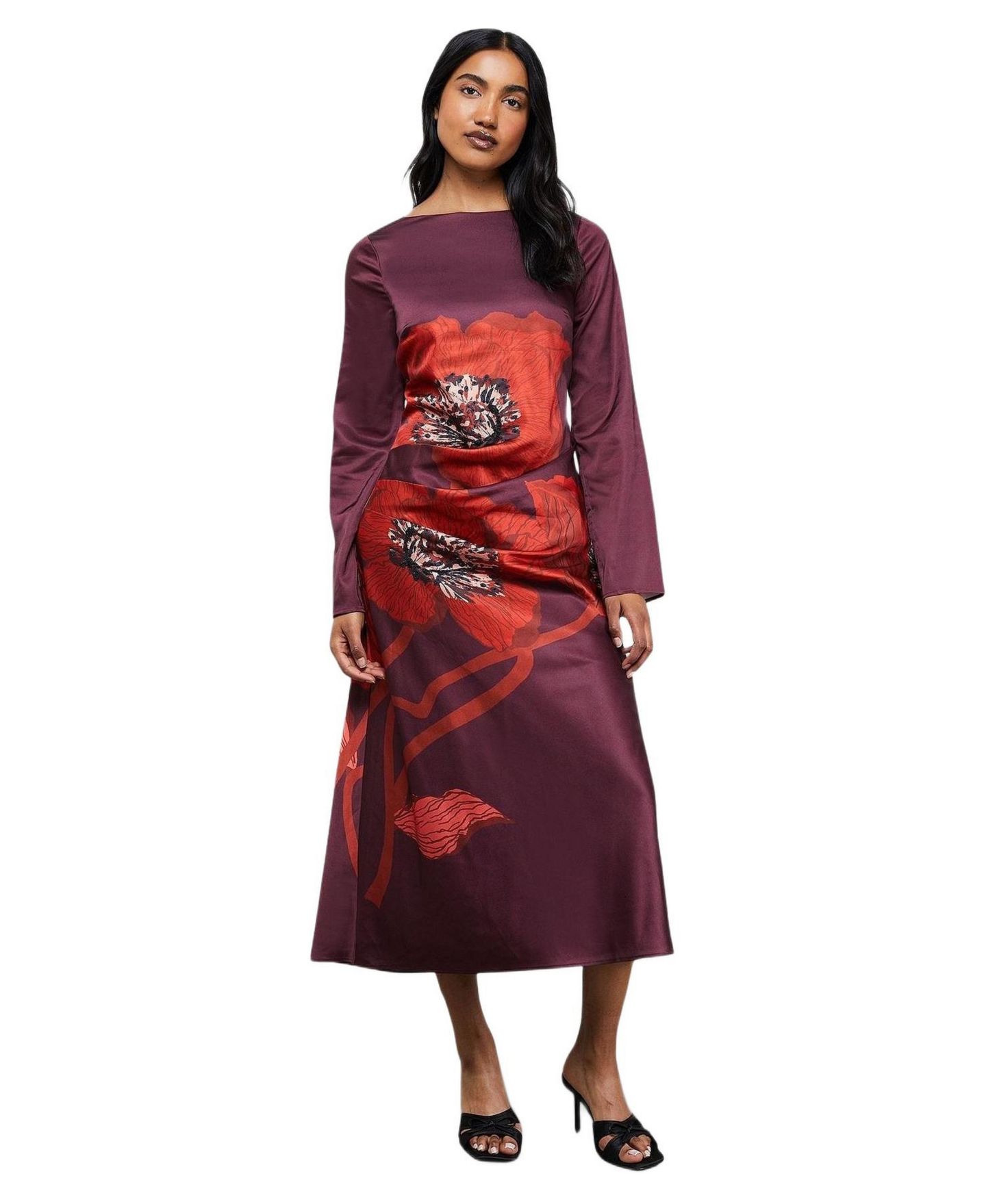 Женское платье Warehouse Floral Placement Print Satin Midi, цвет: Тёмный красный — фото 1