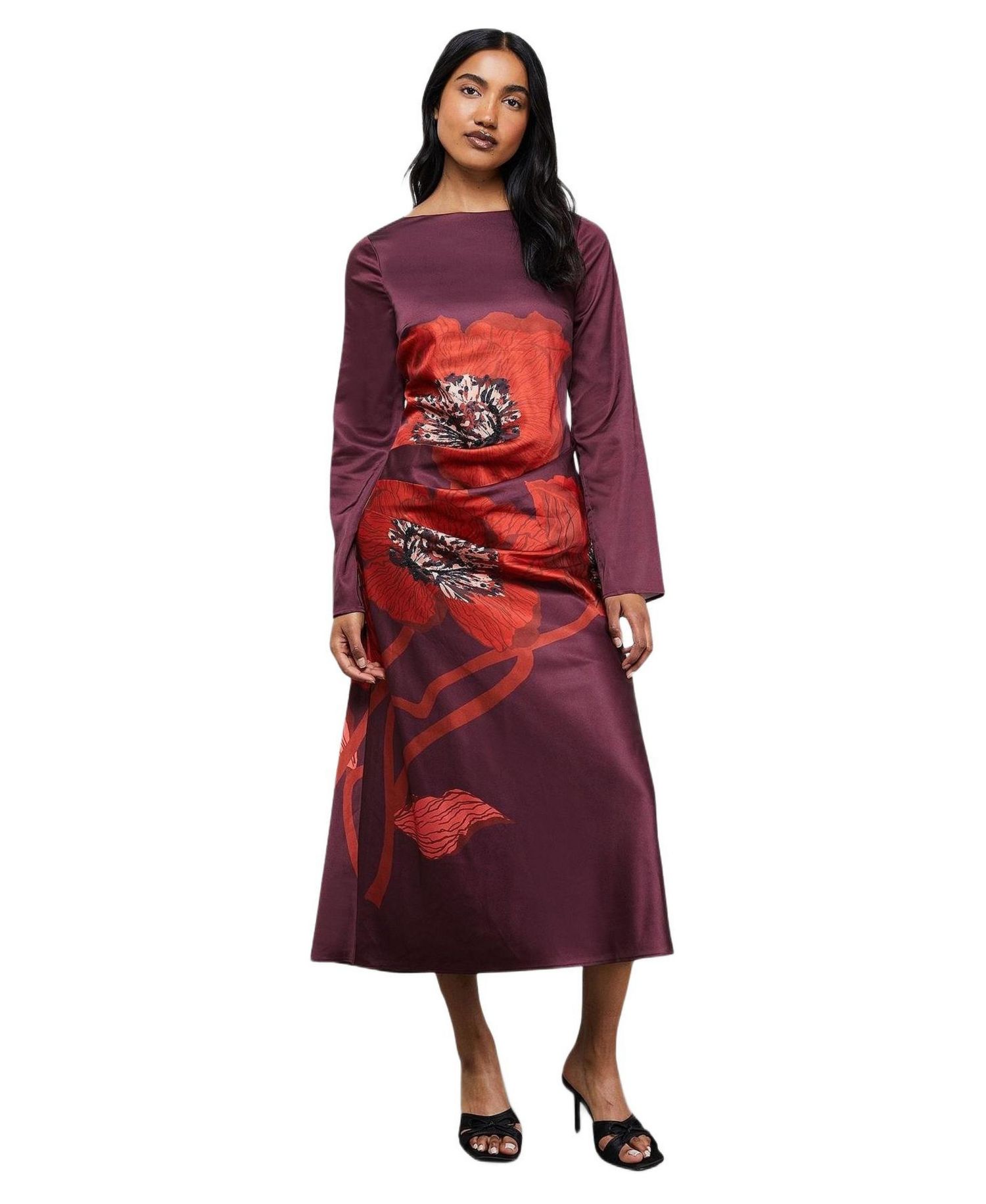Women's Floral Placement Print Satin Midi Dress