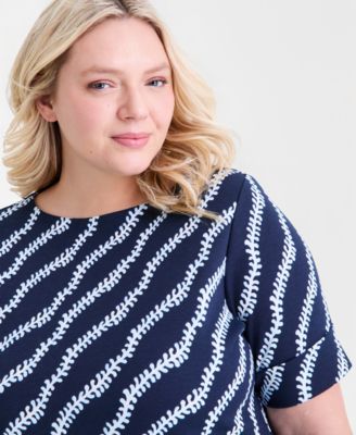 Plus Size  Printed Boat-Neck Elbow Sleeve Cotton Top,  Macy's Exclusive