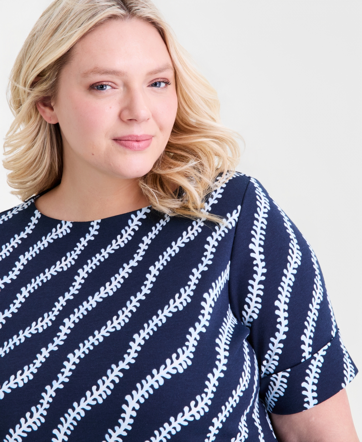 Style & Co Plus Size Printed Boat-Neck Elbow Sleeve Cotton Top, Macy's Exclusive