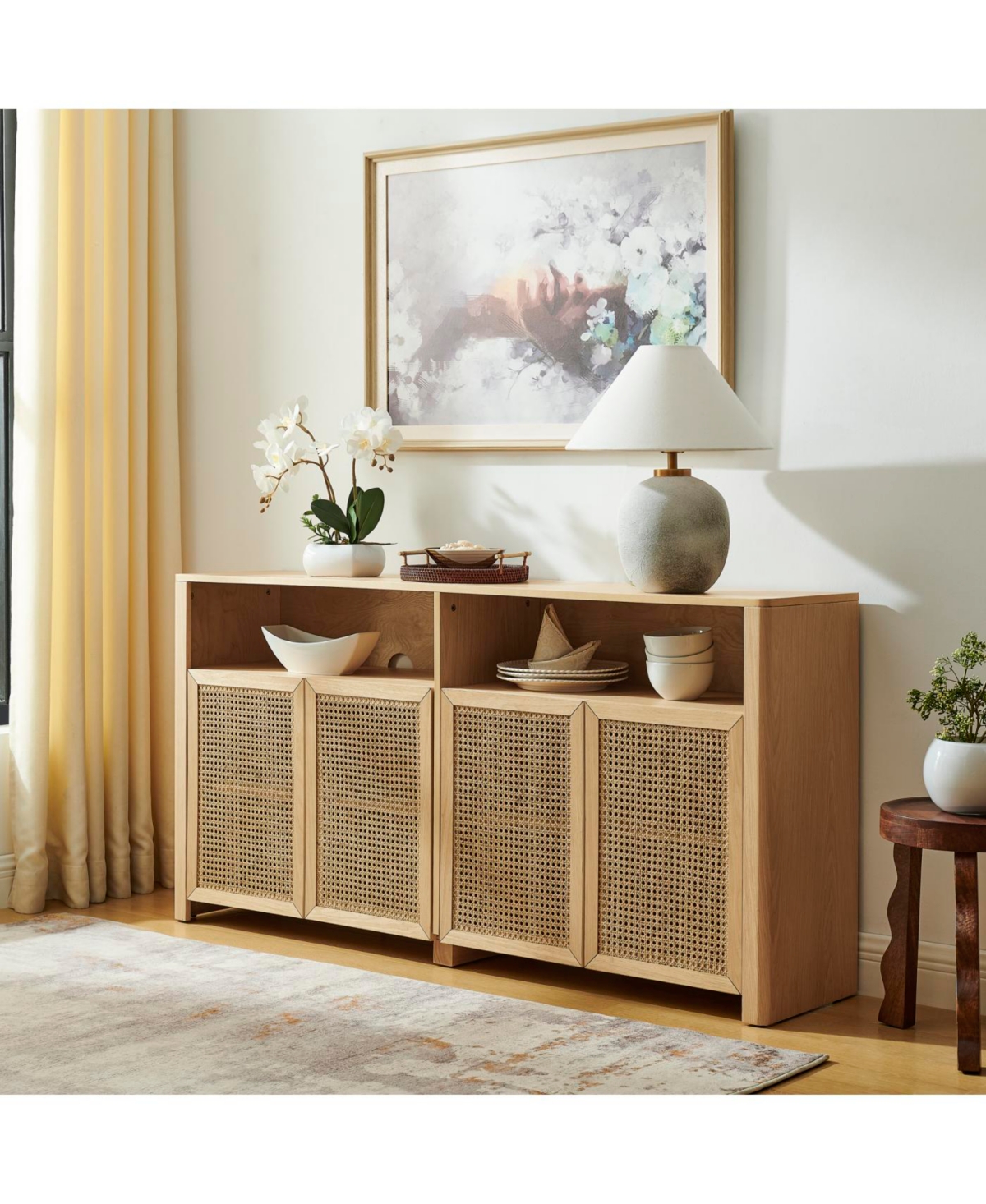 Streamdale 63" Mid Century Modern Rattan Sideboard Buffet Cabinet with Storage, Retro Coffee Bar