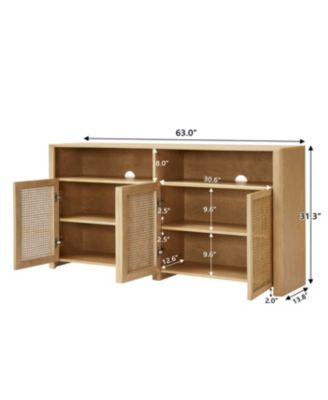 63" Mid Century Modern Rattan Sideboard Buffet Cabinet with Storage, Retro Coffee Bar