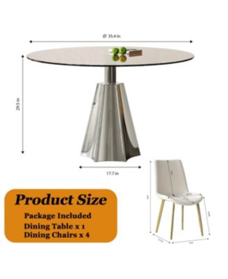 Streamdale 35" Round Dining Table Set w/ 4 White Chairs & Black Glass Top