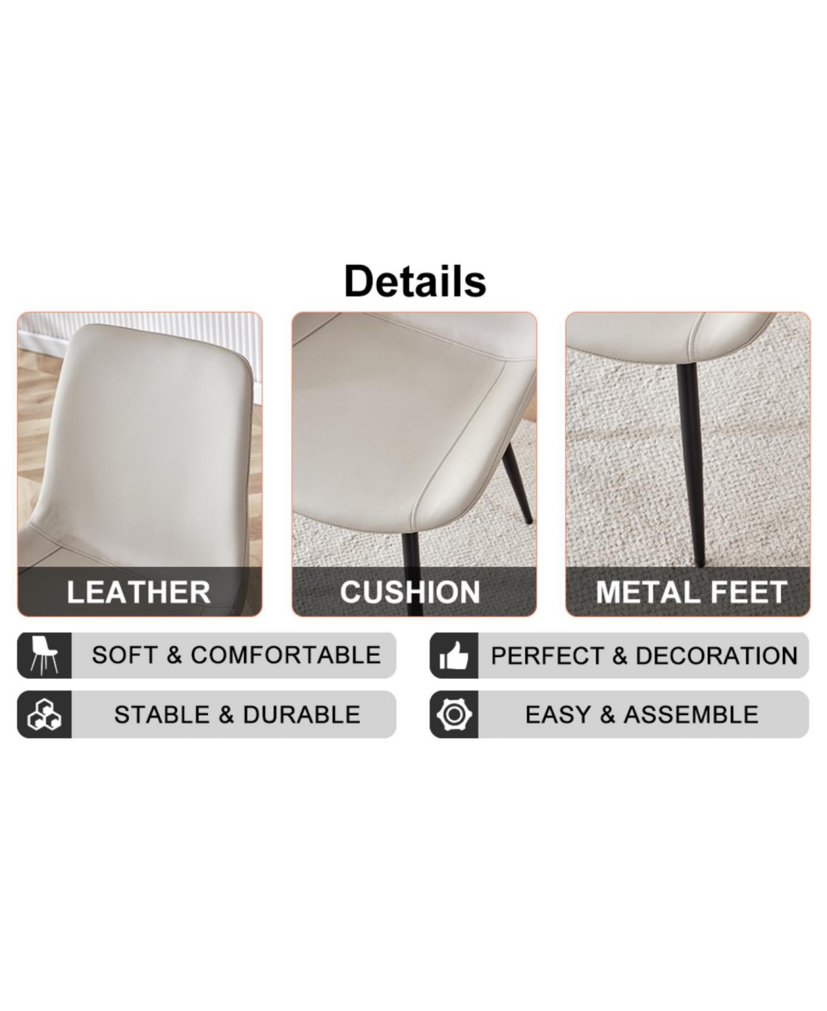 Streamdale Furniture Light gray faux leather dining chair with curved cushion, black metal legs (4 chairs)