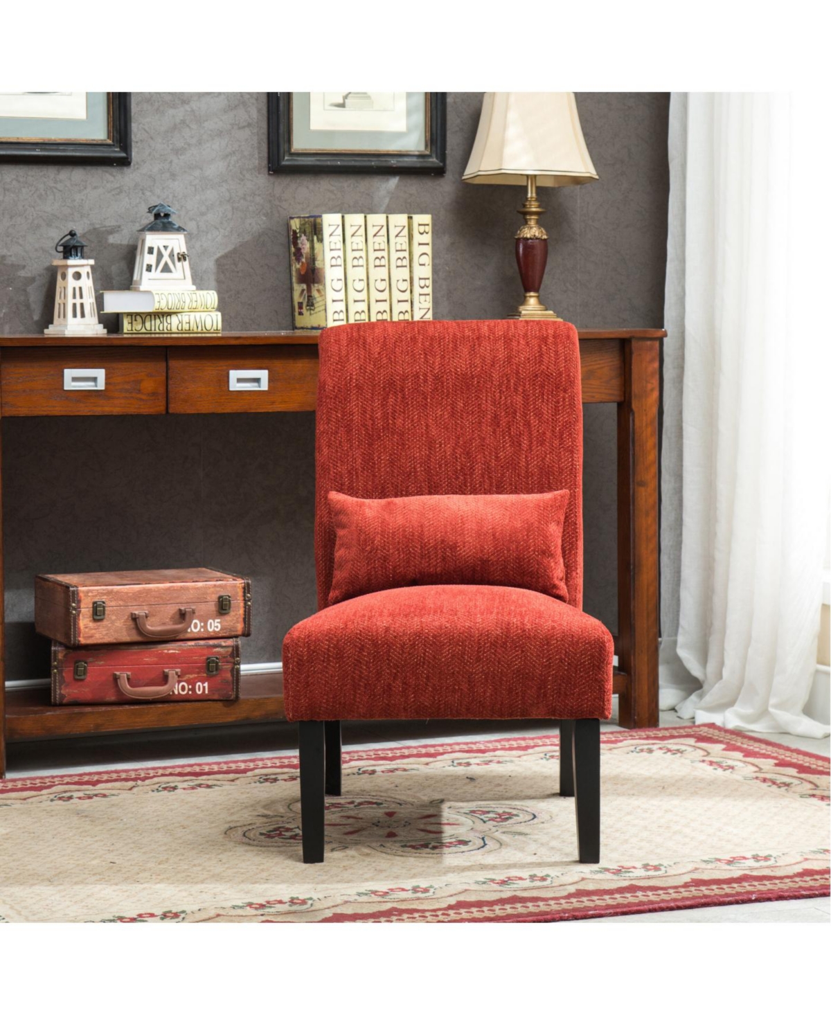 Streamdale Pisano Contemporary Chenille Fabric Armless Chair with Pillow, Red