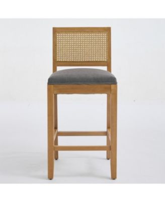 Solid Wood Rattan-Inspired Bar Stool with Linen Cushion
